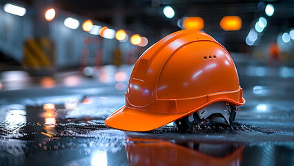 An orange hard hat is lying on a wet surface