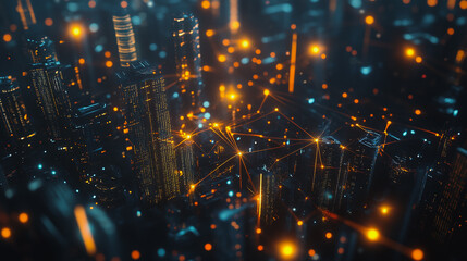 Smart digital Innovation city with connection network reciprocity over the cityscape. of future smart wireless digital city and social media networking systems that connects people with in city