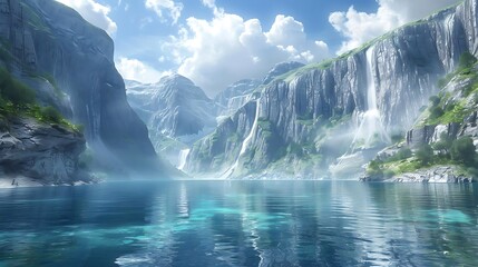 Poster - A serene landscape featuring mountains, waterfalls, and a tranquil lake under a blue sky.