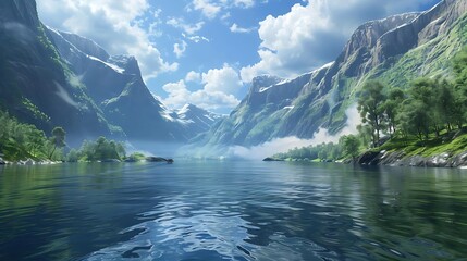 Sticker - A serene landscape featuring mountains, a calm lake, and a clear blue sky.