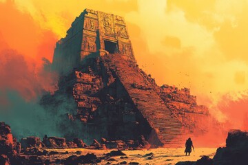 A lone figure approaches a towering, ancient stone pyramid at sunset.