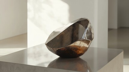 An exotic crystal ore, with intricate patterns and vivid colors, displayed as a centerpiece on a sleek, glass-topped table