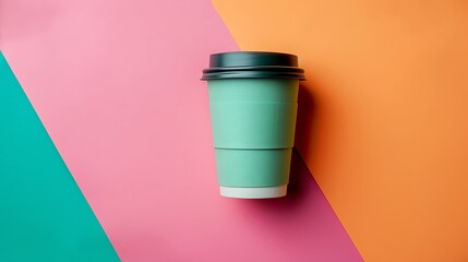 Green disposable coffee takeaway cup isolated on colorful background