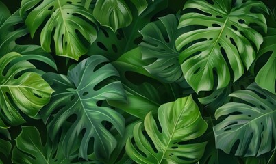 Seamless pattern of green monstera leaves. Tropical foliage background.