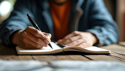 A person is writing a notebook, showing a focused close-up of his hand.