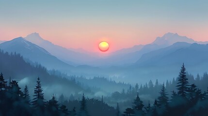 Sticker - A serene landscape at sunset with mountains and trees, evoking calm and tranquility.