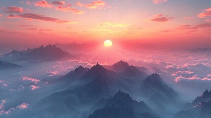 Poster - A breathtaking sunset over misty mountains, creating a serene and tranquil atmosphere.