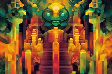 Wall Mural - Abstract Geometric Temple with a Green Eye