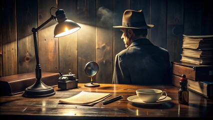 noir-inspired desk silhouette in dimly lit detective's office with old records and magnifying glass on worn wooden background