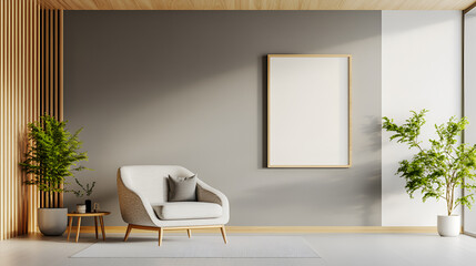 Wall Mural - Minimalist Living Room with Blank Frame for Your Design