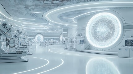 Sticker - Futuristic Medical Lab Interior Design with Circular Light and Advanced Equipment