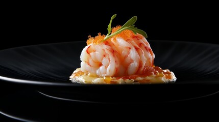 Wall Mural - Shrimp and Caviar Appetizer on Black Plate