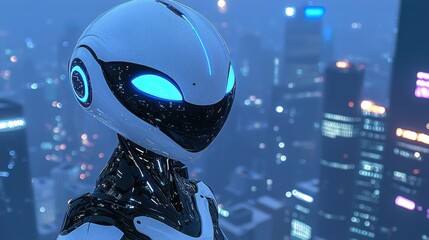 Poster - Futuristic Robot with Glowing Eyes on Cityscape Background