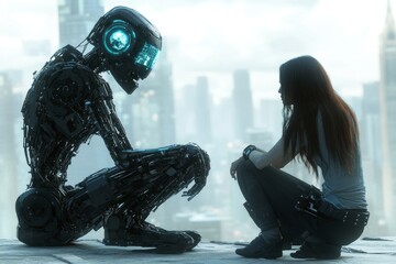 Canvas Print - A humanoid robot kneels in front of a young woman in a cityscape symbolizing the interaction between artificial intelligence and humanity in a futuristic urban environment