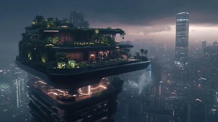 Poster - Futuristic Rooftop Garden Cityscape with Rain