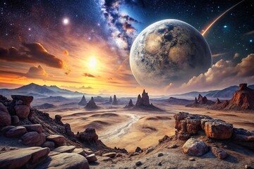 dramatic surreal apocalyptic desolate lunar landscape stark alien eerie twilight rocky formation cel