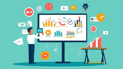 Poster - Modern Marketing Manager: Presenting Brand Strategy with Digital Marketing Icons in Flat Design Illustration