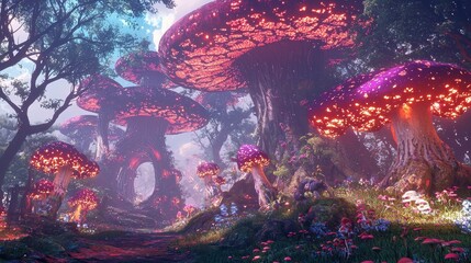 Canvas Print - Magical Forest with Glowing Mushrooms and Fairy Lights