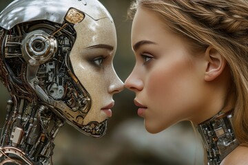 A humanoid robot with a gentle expression faces a young woman symbolizing the emotional connection and understanding between artificial intelligence and humans