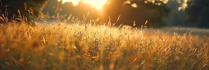 Poster - A golden field of grass illuminated by sunlight, evoking tranquility and nature's beauty.