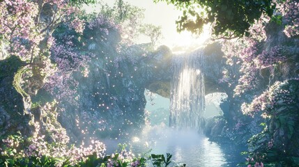 Canvas Print - Magical Waterfall in a Lush Forest with Pink Flowers