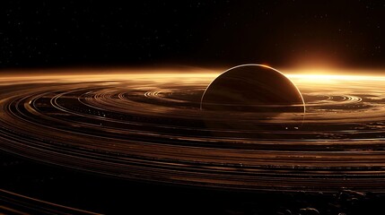 Canvas Print - A stunning view of a planet with rings and a distant sun in a cosmic setting.