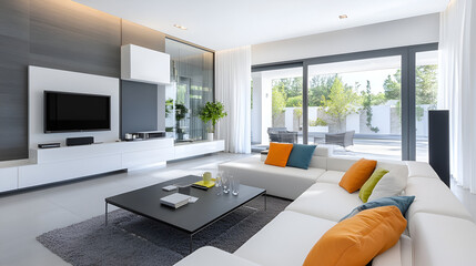 Wall Mural - Modern Living Room with White Sofa, Black Coffee Table, and Patio View