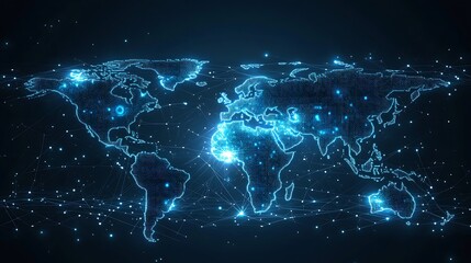 Poster - A Glowing Blue Digital World Map with Connected Lines