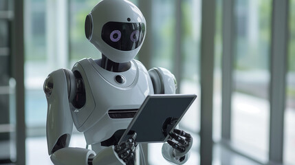 Poster - a modern AI robot using a digital tablet working in modern office, futuristic robot workforce 