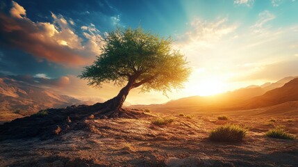 Wall Mural - Lone Tree Against a Dramatic Sunset Sky