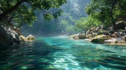 Poster - A serene landscape featuring clear turquoise water surrounded by lush greenery and rocks.