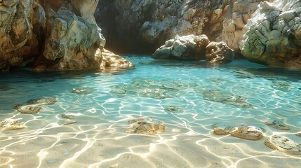 Poster - A serene coastal scene with clear water, rocks, and sandy beach.