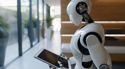 Poster - a modern AI robot using a digital tablet working in modern office, futuristic robot workforce 