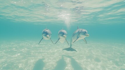 Poster - Three Dolphins Swimming Underwater in Turquoise Water