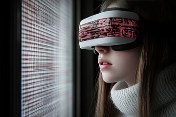 A woman wearing a VR headset with digital code reflected on the visor symbolizing the deep integration of technology and data in the virtual realm