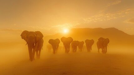 Sticker - Elephant Herd Walking Through Dust at Sunset in Africa