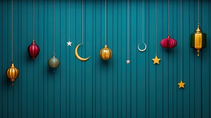 Ramadan Decorations Hanging on a Teal Wall