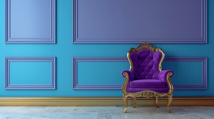 Wall Mural - Luxury classical interior with blue wall and purple golden chair isolated on colorful background