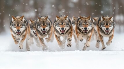 Poster - Pack of Wolves Running Through Snow in Winter Forest