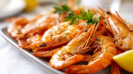 Wall Mural - Close-Up of Deliciously Cooked Shrimps on a Plate