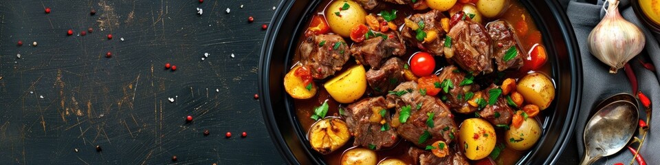 Poster - Horizontal image of lamb dish prepared with potatoes in a savory sauce, served with dried fruits and vegetables for a festive meal.