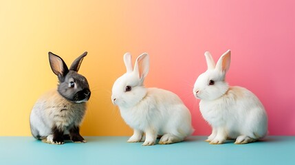 Wall Mural - Many different standing poses of three colour cute little rabbits isolated on colorful background