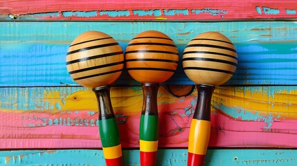 Wall Mural - Maracas on the wooden table isolated on colorful background