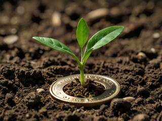 a small plant growing on a coin lying on the ground. Green investment concept, Collecting money to invest. Financial growth concept