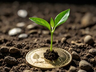 a small plant growing on a coin lying on the ground. Green investment concept, Collecting money to invest. Financial growth concept