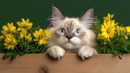 A fluffy white kitten with light grey patches, sitting in a vintage wooden crate, surrounded by delicate flowers