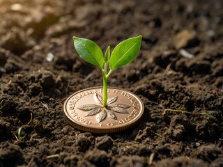 a small plant growing on a coin lying on the ground. Green investment concept, Collecting money to invest. Financial growth concept