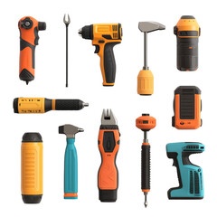 A collection of twelve power tools, including drills, screwdrivers, hammers and a wrench.  All tools are bright orange and blue.