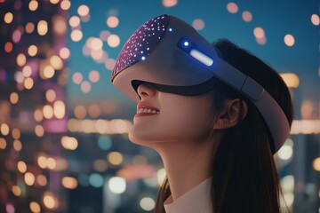 Wall Mural - Young woman wearing a VR headset in a cityscape at night immersed in a digital world filled with glowing lights representing the fusion of technology and urban life in a futuristic environment