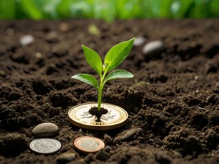 a small plant growing on a coin lying on the ground. Green investment concept, Collecting money to invest. Financial growth concept